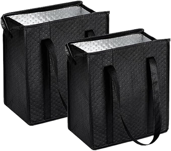 2-Pack 18L Black Insulated Grocery Bags with Zipper | Reusable 3-Layer Insulated Cooler Bags, Foldable for Shopping, Camping & Beach Trips