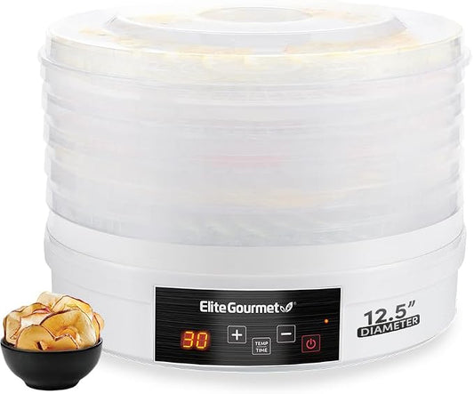 Elite Gourmet EFD770WD Digital Food Dehydrator, 5x12.5" Trays, 48-Hr, White | BPA-free trays - adjustable temp 95-158F - makes jerky, herbs, fruit, veggies & dried snacks - also great for meat