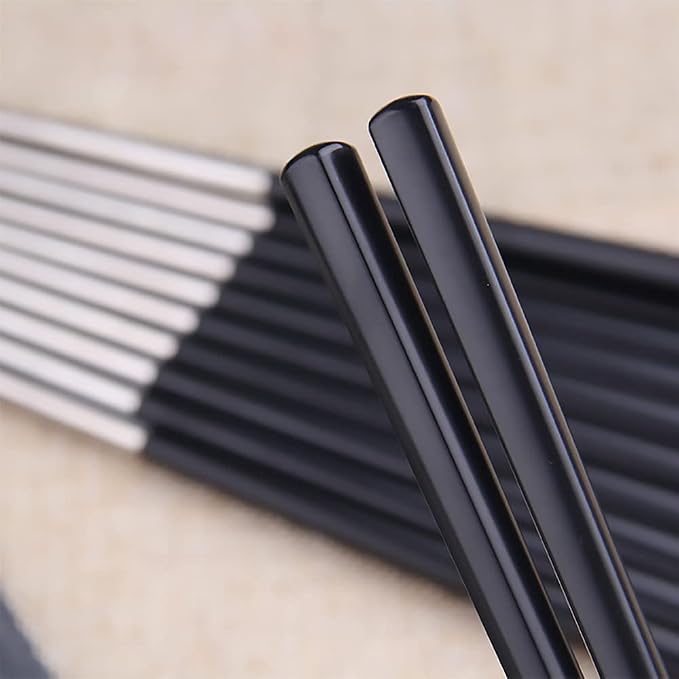 Qinlang Reusable Chopsticks, Stainless Steel Tips/Fiber Glass Handles, Dishwasher Safe, Non-Slip Metal Chopsticks for Cooking Eating, 5 Pairs Gift Pack - Black