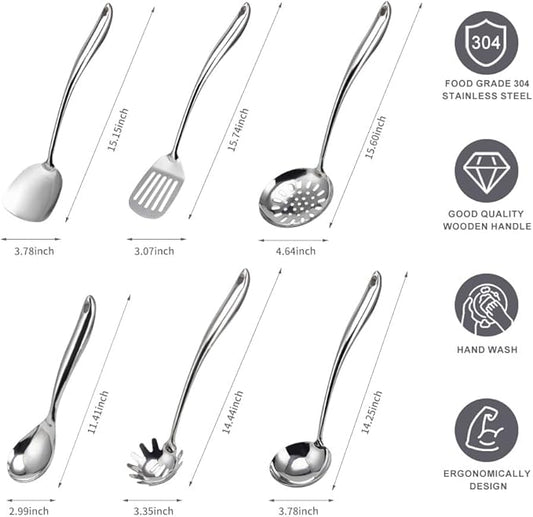 304 Stainless Steel Kitchen Utensils Set, VALESKA 6PCS Metal Cooking Utensils Set, Wok Spatula, Ladle, Skimmer Slotted Spoon, Pasta Spoon, Serving Large Ladle, Slotted Spatula Tunner