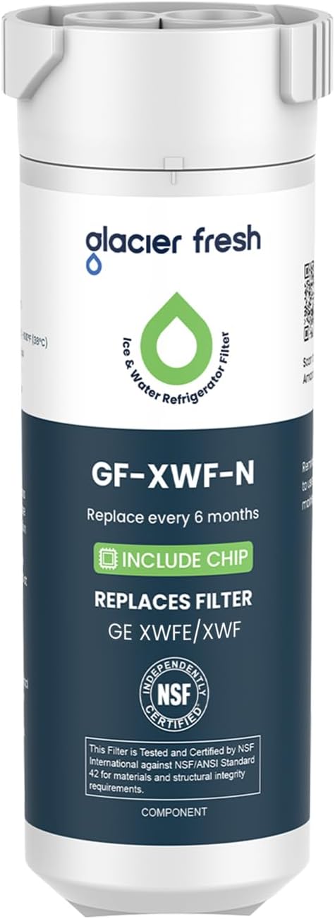 GLACIER FRESH XWFE (Built-in CHIP) Refrigerator Water Filter Pack of 1 | Replacement for GE XWFE, XWF Refrigerator Water Filter NSF/ANSI 42 Certification