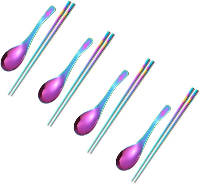 Chinese Metal Soup Spoons and Chopsticks Set for 4 People, Reusable Stainless Steel Ramen Short Handle Spoon Set Asian, Christmas Gift Dishwasher Safe (Rainbow)