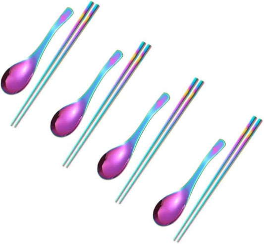 Chinese Metal Soup Spoons and Chopsticks Set for 4 People, Reusable Stainless Steel Ramen Short Handle Spoon Set Asian, Christmas Gift Dishwasher Safe (Rainbow)
