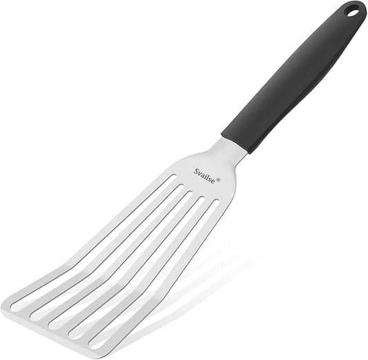 Fish Spatula Stainless Steel, Metal Spatula for Cast Iron Skillet, Slotted Turner with Silicone Handle for Cooking, Grilling, Flipping, Egg, Cookie, Pancake and Burger (Large, 13.5 Inch)
