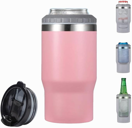 14oz 4 in 1 Stainless Steel Can Cooler Beer Bottle Insulator With 2 Lids for 12oz can&bottle, Double walled insulated Thermocooler &Travel Mug Holder Keeping Your Bevearge Cold (PINK#)