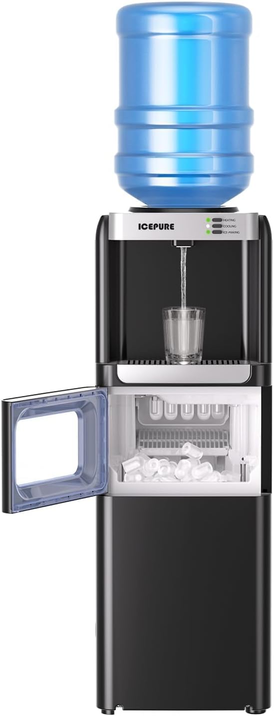 ICEPURE 3-in-1 Water Dispenser with Built-in Ice Maker, Water Cooler Dispenser for 5 Gallon Bottle Top Loading, Hot and Cold Water Dispenser with Child Lock for Home and Office, 33lbs/24H