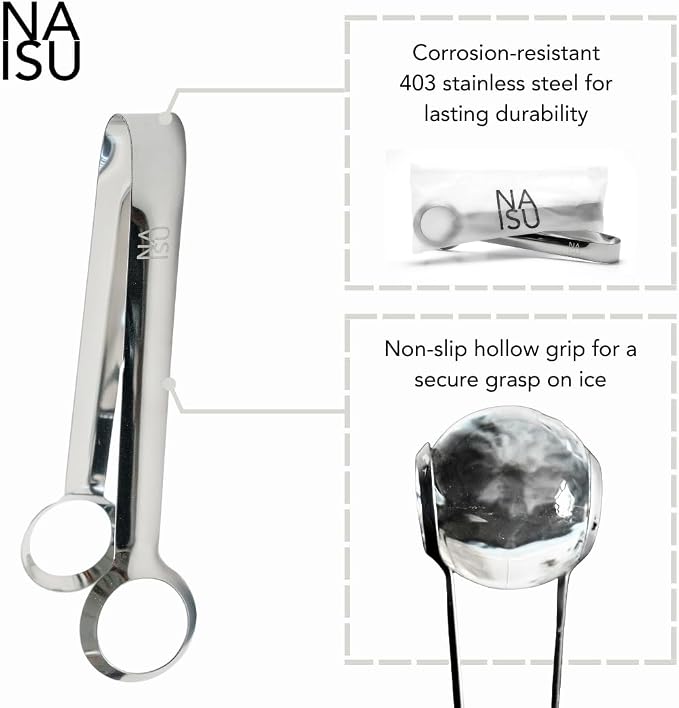 NAISU Premium Clear Ice Tongs, 430 Stainless Steel for Precision Grip for Clear Ice Spheres, Rust-Resistant for Bar & Home Use, Ice Ball Tongs, Ice tong for whisky ice