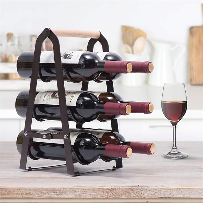 Wine Rack, 6 Bottle Wooden Countertop Free Standing Shelf,3 Tier Bottle Holder Stand for Home Bar Tabletop, Cabinet Inserts, Kitchen, Wine Cellar Storage No Assembly(Black)