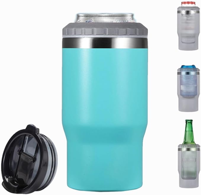 14oz 4 in 1 Stainless Steel Can Cooler Beer Bottle Insulator With 2 Lids for 12oz can&bottle, Double walled insulated Thermocooler &Travel Mug Holder Keeping Your Bevearge Cold (Light blue)