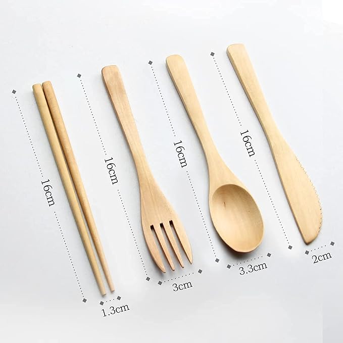IQCWOOD Wooden Cutlery Set, 4 PCS Spoon Chopsticks Fork Knife for Eating | Wooden Utensils Sets Portable Reusable Flatware Set with Carrying Case for Travel and Camping