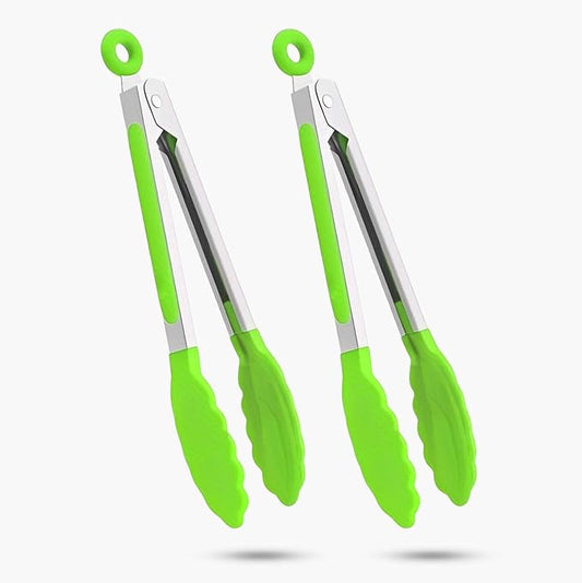2-Pack of 9" (Small) & 12" (Large) Kitchen Tongs Set: Non-Stick Silicone-Stainless Steel Cooking Tongs, BPA Free, Heat Resistant (480°F) - Non-Slip Grip & Locking Metal Food Tongs (Green)