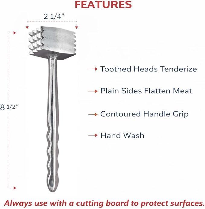 HIC Kitchen Heavyweight Meat Tenderizer Mallet Marinating Prep Tool, Double Sided, Aluminum, For Flattening Cutlets, Tenderizing Meat, And Cracking Ice
