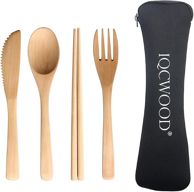 IQCWOOD Wooden Cutlery Set, 4 PCS Spoon Chopsticks Fork Knife for Eating | Wooden Utensils Sets Portable Reusable Flatware Set with Carrying Case for Travel and Camping