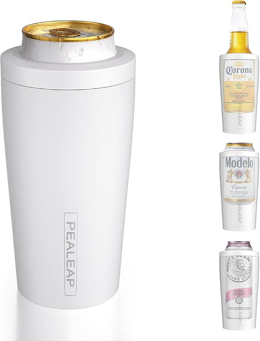Pealeap 4-in-1 Insulated Slim Can Cooler for All 12oz Cans & Beer Bottles | Double-walled Stainless Steel Vacuum Can Cozy | Keep 8Hrs Cold | Universal Fits 12oz Drinks | No Sweat | Cup Holder Friendly