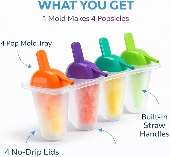 Popsicle Molds Ice Pop Maker with Straw – 4 Large BPA Free Popsicle Mold Set, Reusable Freezer Pop Maker for Juice Yogurt Fruit