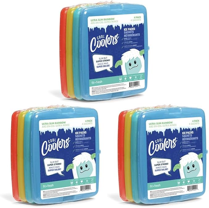Cool Coolers by Fit + Fresh, 4 Pack Slim Ice Packs, Space Saving Reusable Ice Packs for Lunch Boxes or Coolers