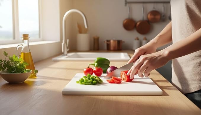 FARBERWARE Large Cutting Board, Dishwasher- Safe Plastic Chopping Board for Kitchen with Easy Grip Handle, 11in by 14in, White