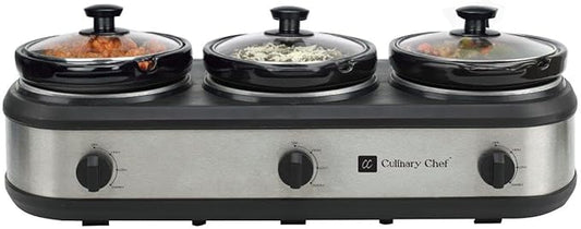 CULINARY CHEF, Triple Slow Cooker, Buffet Server 3 Pot, Food Warmer - Stainless