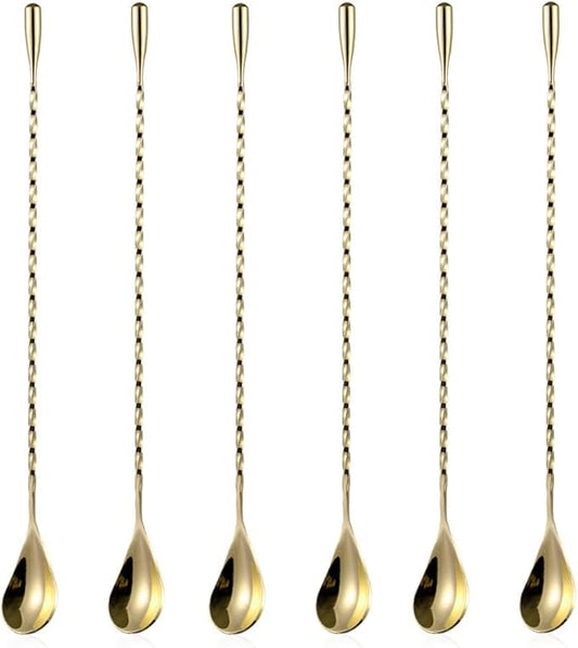 6 Pcs 12 Inch Bar Mixing Spoon Cocktail Spoon Stainless Steel Bar Long Spoon With Spiral Pattern Gold