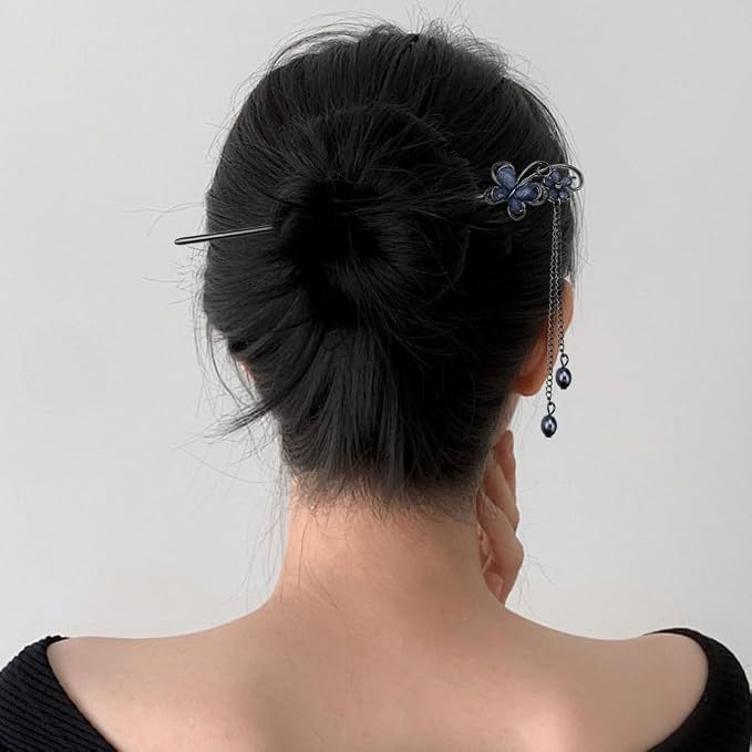 5PCS Butterfly Flower Hair Sticks for Buns Long Hair Retro Vintage Asian Chinese Traditional Hanfu Vintage Floral Metal Hairpins Hair Accessories for Women Girls