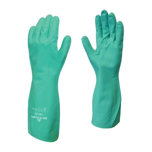 SHOWA 730 Chemical Resistant Gloves, 15-mil Nitrile with Cotton Flock Liner, 13-inch Extended Gauntlet, Bisque Grip, CE Cat III & Food Safe, Green, Large, 1 Pair