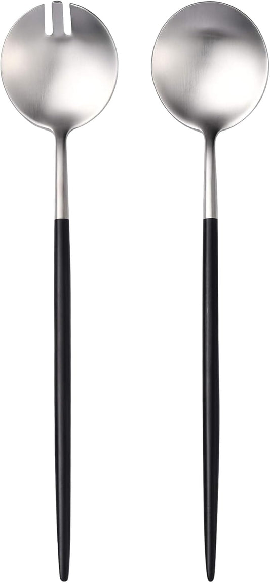 Lemeya Silver Black Salad Serving Utensils,Serving Spoons Stainless Steel,2Pcs Long Handle Salad Servers 11.42 Inch,Salad Utensils for Serving,Matte Finish,Dishwasher Safe