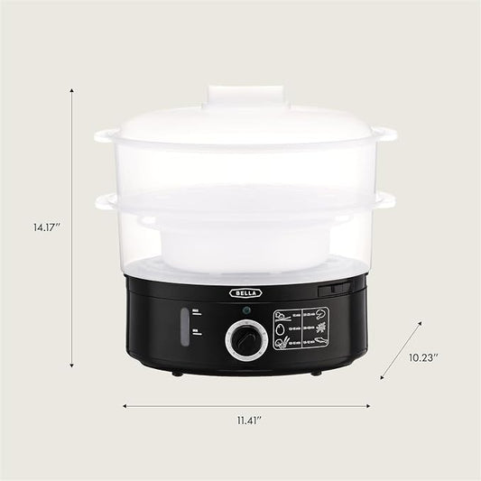 BELLA Two Tier Food Steamer with Stackable Baskets & Removable Base for Fast Simultaneous Cooking - Auto Shutoff & Boil Dry Protection, 7.4 QT, Black