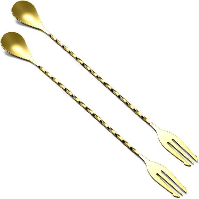 BRIOUT 2 Pcs Bar Spoon, 12 Inches Long Handle Drink Stirrer, Stainless Steel Bar Cocktail Mixing Spoons with Double Ended Design for Stirring, Gold