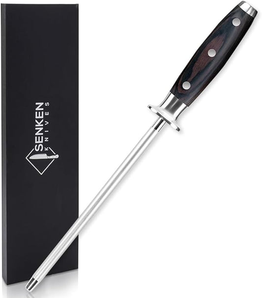 SENKEN Professional Emery Knife Sharpening Steel - Incredibly Strong Emery Rod for Sharpening & Honing Knives Up to 63 HRC Including All Damascus Knives (Smoothly Finished Wood)