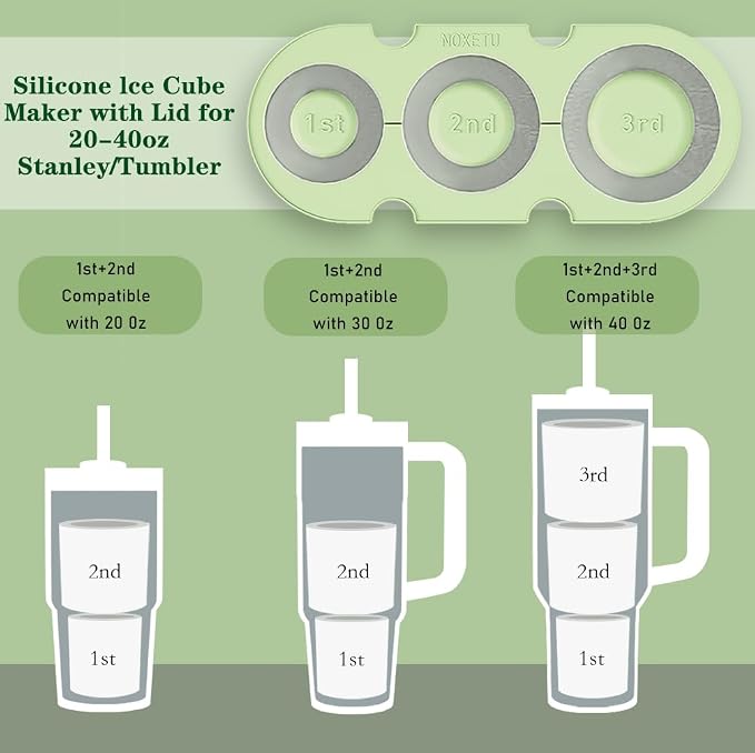 Silicone Ice Mold for Stanley Cup 30 40oz, Tumbler Ice Maker | Easy Fill and Release Without Touching Ice, Ice Cube Tray with Clear Lid and Bin for Freezer, Whiskey, Cocktail (Green)