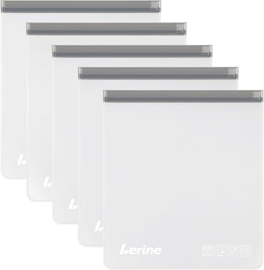 Lerine Reusable 2 Gallon Freezer Bags Dishwasher Safe, Food Storage Bags | 5 Pack, 13"x15.6", BPA-Free, Food-Grade Material, Freezer Safe, Leakproof, Double-Seal, for Marinating Meats, Vegetables