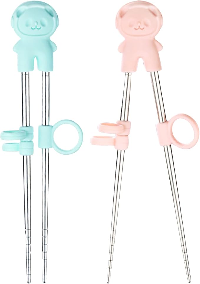 2 Pairs Training Chopsticks with Case Learning Chopstick Helper Stainless Steel Reusable Metal Beginner Chopsticks Pink and Blue