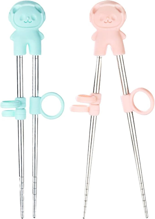 2 Pairs training chopsticks Learning Chopstick Helper Reusable Stainless Steel for Beginner Chopsticks Pink & Blue
