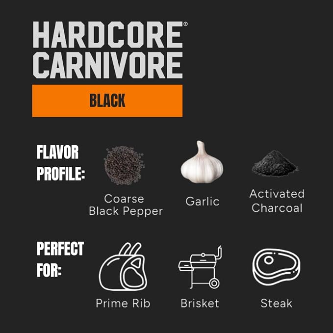 Hardcore Carnivore Black | All-Purpose Beef Seasoning Rub, 13oz Shaker | Texas-Made Classic Coarse Rub with Activated Charcoal - Blend for Steak, Brisket, Burgers, BBQ, Grilling and Smoking MSG Free