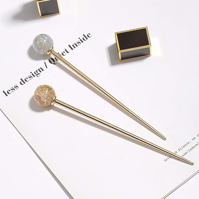 2Pcs Simple Elegant Round Ball Metal Hair Stick Fork Chignon Pin Lollipop Shape Decorative Hairpin Chopsticks Hair Jewelry for Women Lady Teen Fashion Hair Updo Making Accessories, Silver and Gold