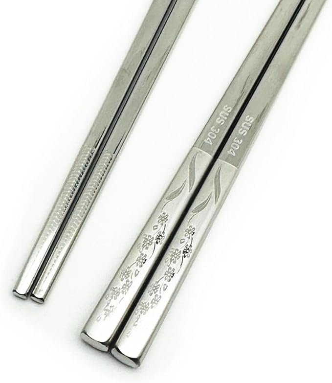 2Pairs Silver Series Metal Chopsticks 304 Stainless Steel Chopsticks Set, Metal Chop Sticks Reusable, Dishwasher Safe,Anti-slip ,9.25inch,Flower