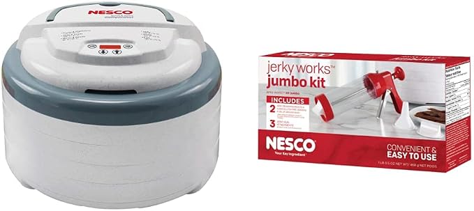 Nesco FD-79 Snackmaster Pro Digital Food Dehydrator for Snacks, Fruit, Beef Jerky, Meat, Vegetables & Herbs, Gray, 4 Trays & Jumbo Works Beef Jerky kit, 1, Red