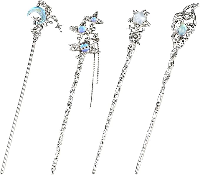 SUNNYCLUE 1 Box 4Pcs 4 Styles Moon Hair Pin Stick Chinese Hanfu Hair Sticks Silver Star Butterfly Heart Alloy Resin Asian Vintage Metal Tibetan Chopsticks for Chinese Hanfu Long Hairstyles DIY Decor