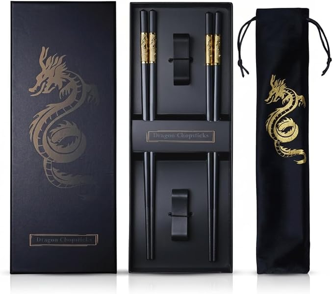 Youda Golden Dragon Chopsticks Set-Premium Alloy Metal Reusable Chopsticks with Holder & Gift Bag, Traditional Chinese & Japanese Style Design, Dishwasher Safe, Elegant Gift Box (2 Pairs)