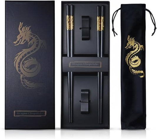 Youda Golden Dragon Chopsticks Set-Premium Alloy Metal Reusable Chopsticks with Holder & Gift Bag, Traditional Chinese & Japanese Style Design, Dishwasher Safe, Elegant Gift Box (2 Pairs)