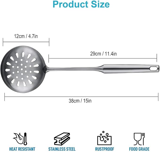 Swify Slotted Spoon Skimmer, Stainless Steel Strainer Ladle With Handle, Asian Wok Skimmer for Kitchen Cooking Deep Fryer, Draining & Frying, 15 inch