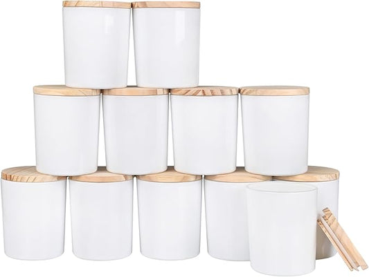 Thick Candle Jars for Making Candles 12 Pcs, 7 OZ Empty Jars with Wood Lids for Candle Making, Sample Container, Light White