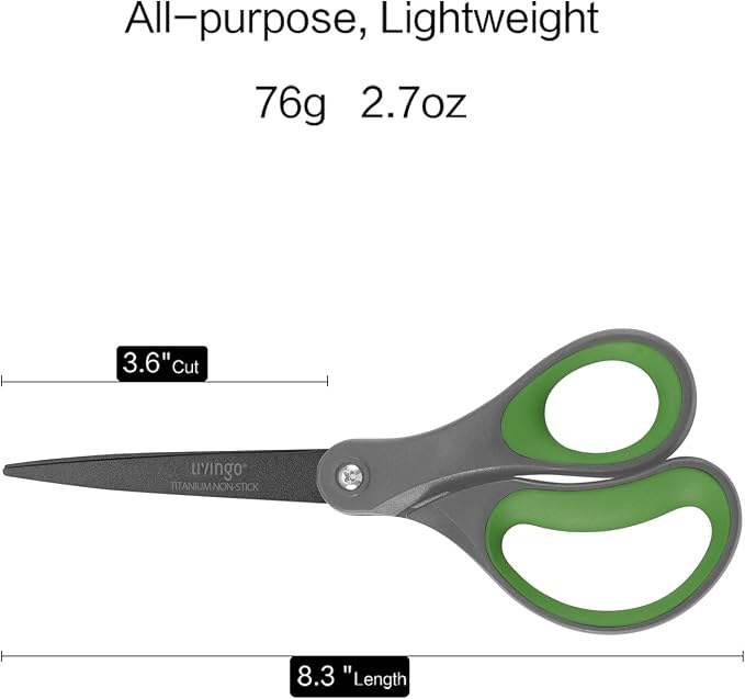 LIVINGO 8" Titanium Coated Scissors 2 Pack All Purpose Shears | Sharp Non Stick Blade, Stainless Steel Construction, Comfort Grip Handle, Home Office Craft DIY Cutting