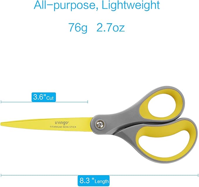 LIVINGO Scissors All Purpose 8" Titanium Non Stick Shears 2 Pack | Durable Stainless Steel Blade, Comfortable Grip, Fabric Sewing Paper Craft Cutting, School Home Office Use