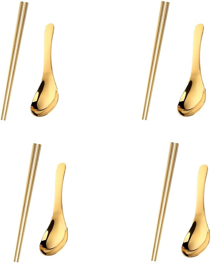 Chinese Metal Soup Spoons and Chopsticks Set for 4 People, Reusable Stainless Steel Ramen Short Handle Spoon Set Asian, Christmas Gift Dishwasher Safe (Gold)