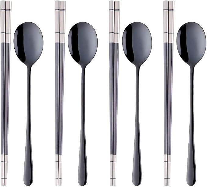 Buyer Star 4 Set Black Square Chopsticks and Spoons Set Metal Stainless Steel Spoons Chopsticks Set