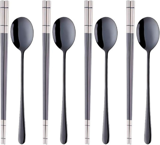 Buyer Star 4 Set Black Square Chopsticks and Spoons Set Metal Stainless Steel Spoons Chopsticks Set