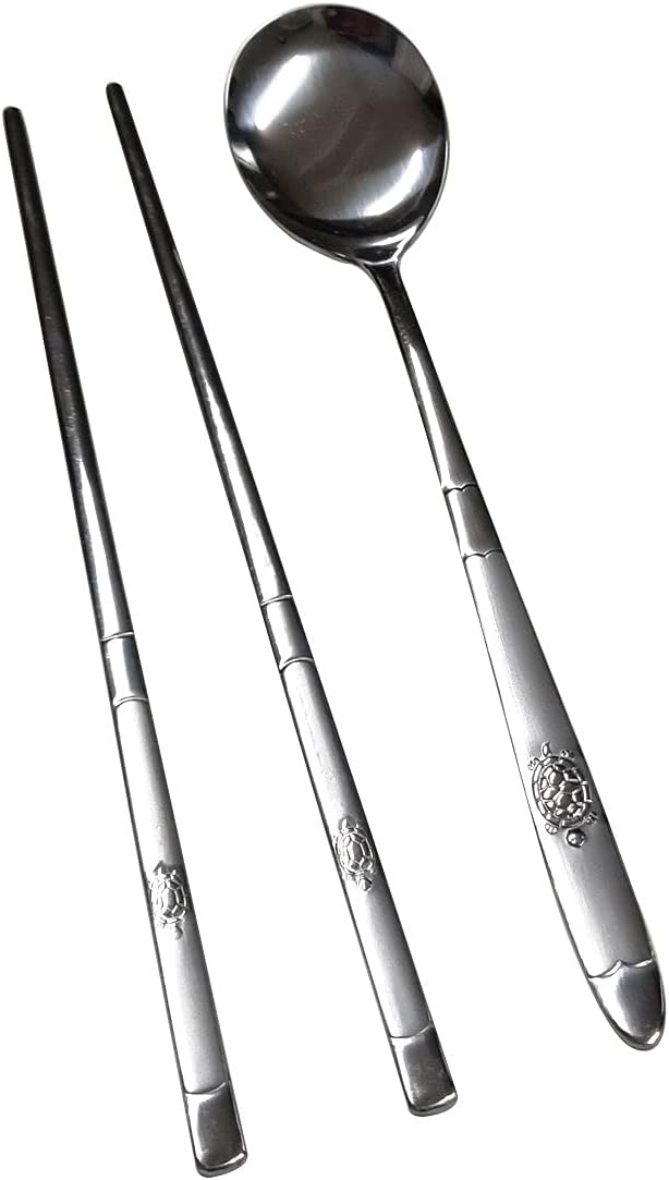 GARASANI Korean Traditional Cutlery Stainless Steel Spoons and Chopsticks Set (Silver Turtle)