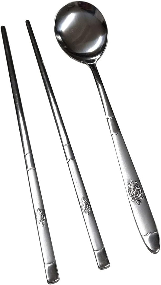 GARASANI Korean Traditional Cutlery Stainless Steel Spoons and Chopsticks Set (Silver Turtle)