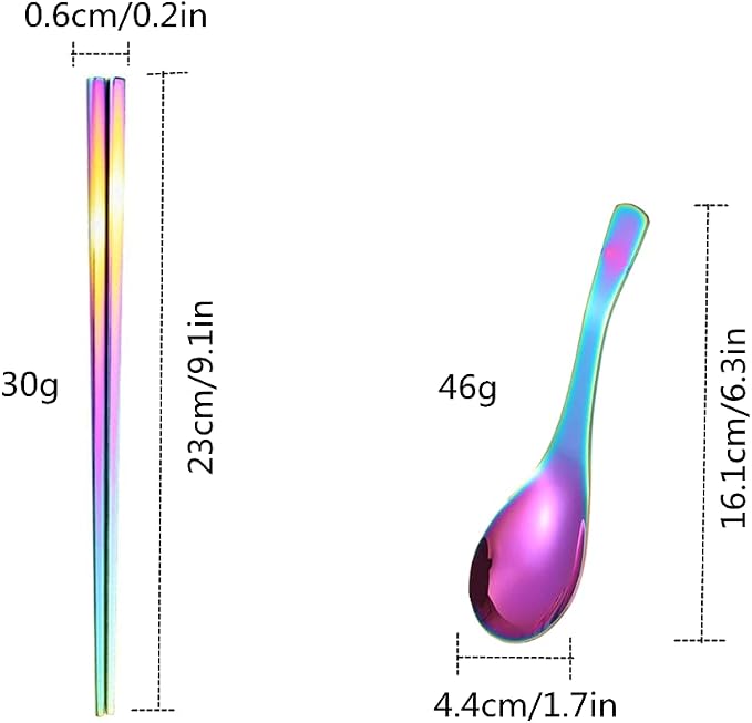 Chinese Metal Soup Spoons and Chopsticks Set for 4 People, Reusable Stainless Steel Ramen Short Handle Spoon Set Asian, Christmas Gift Dishwasher Safe (Rainbow)